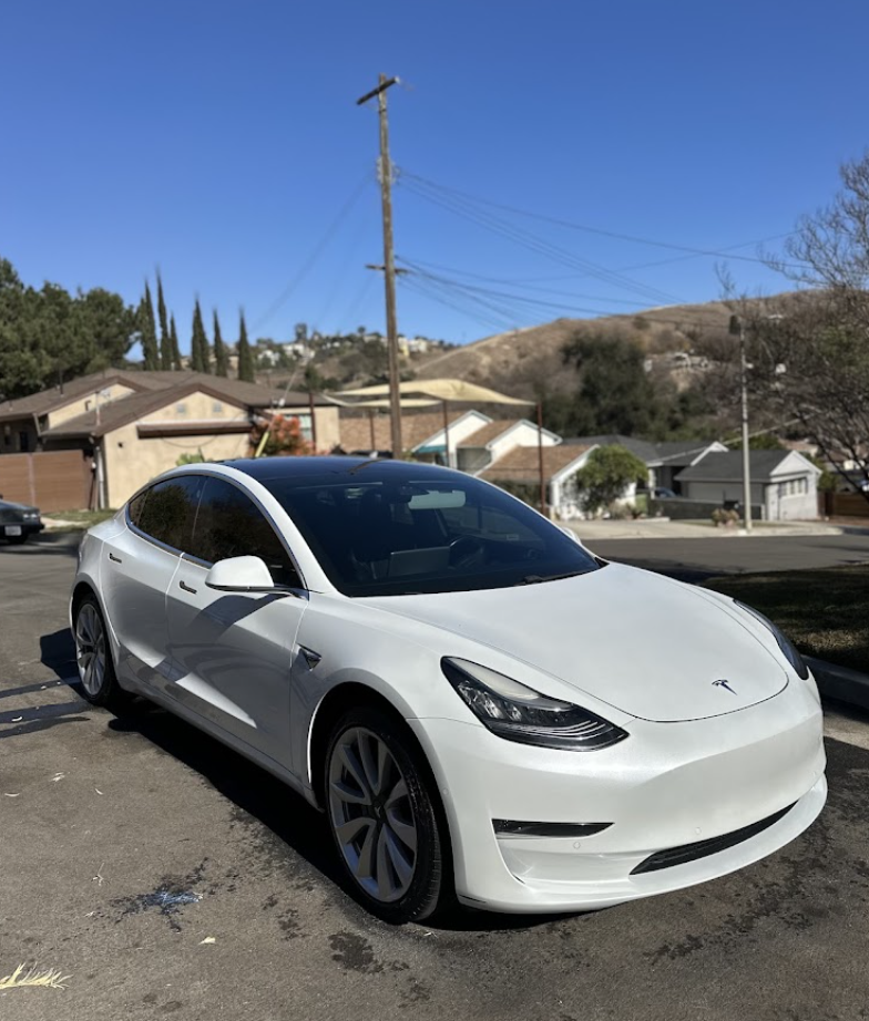 White Tesla Model 3 washed and polished in a residential driveway after mobile car detailing